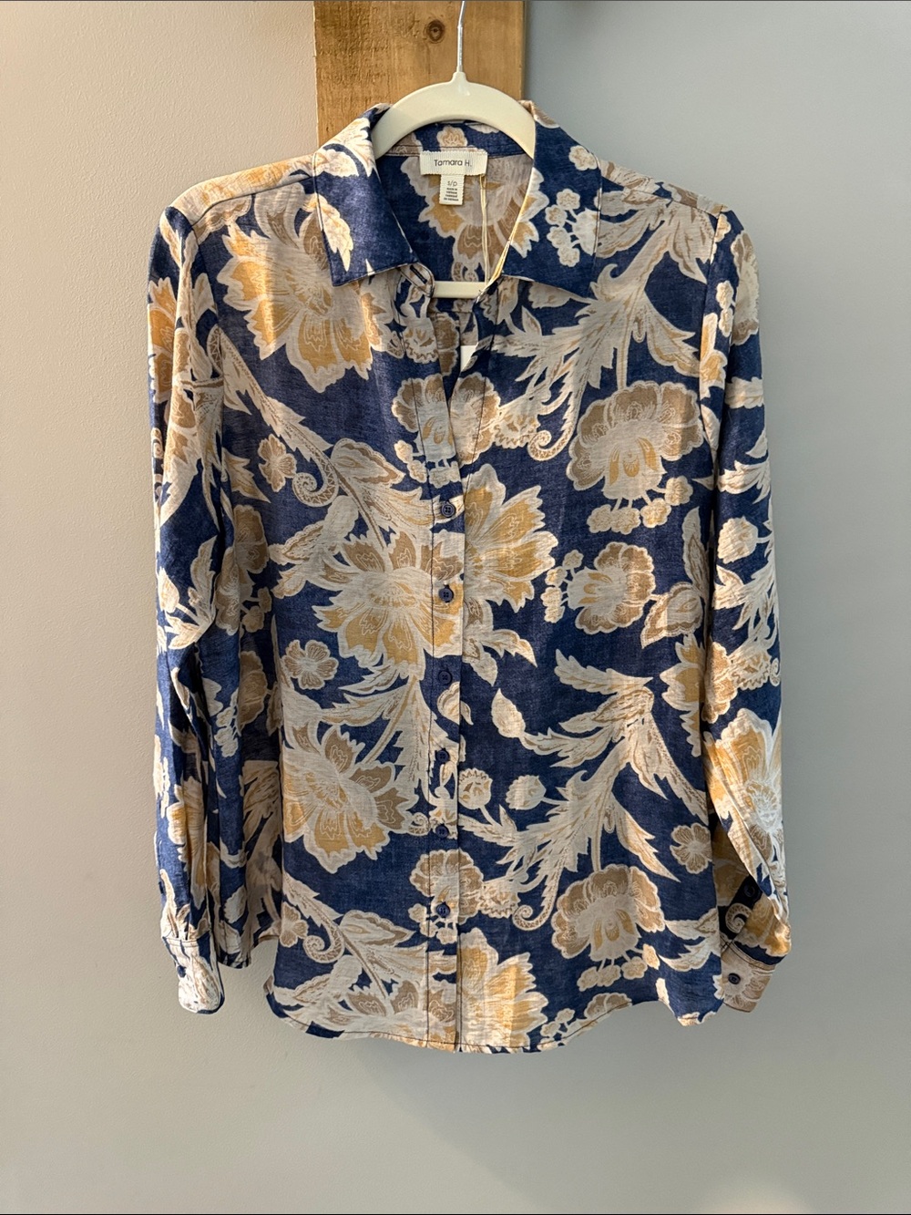 Tamara H. Navy Blue Shirt with Gold and Cream Floral Print, NWTs